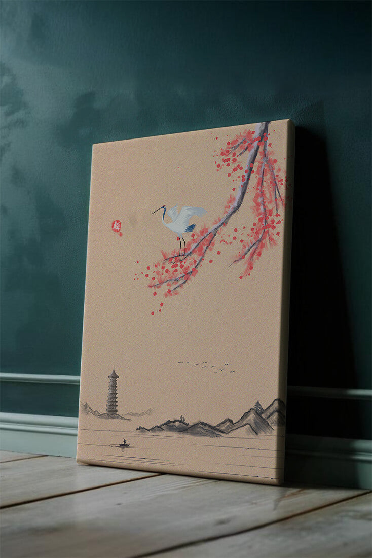 Serene landscape with crane and cherry blossom branch in East Asian style