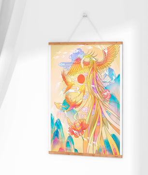 Colorful phoenix soaring in a dreamlike sky with vibrant flowers and mountains