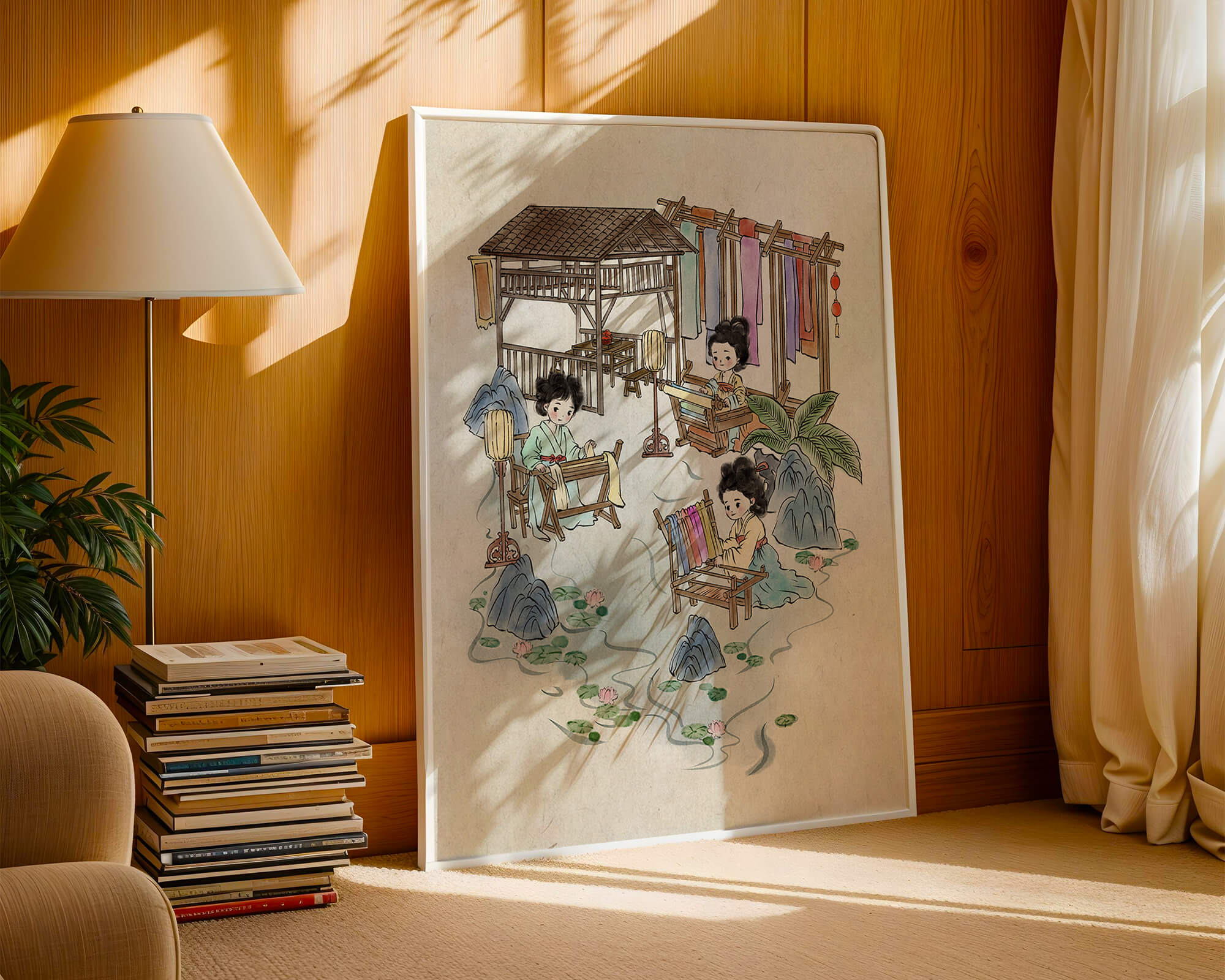 Charming illustration of traditional textile crafts in a serene setting