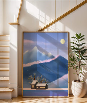Paysage de montagne enneigée avec des maisons et des arbres sous la lumière de la lune