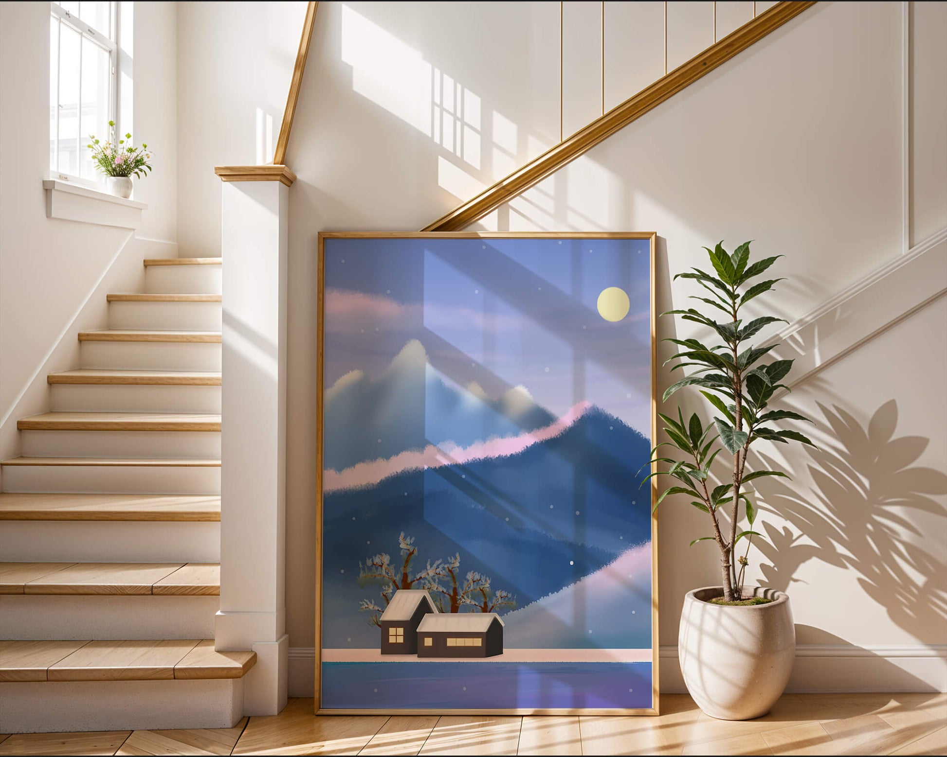 Paysage de montagne enneigée avec des maisons et des arbres sous la lumière de la lune