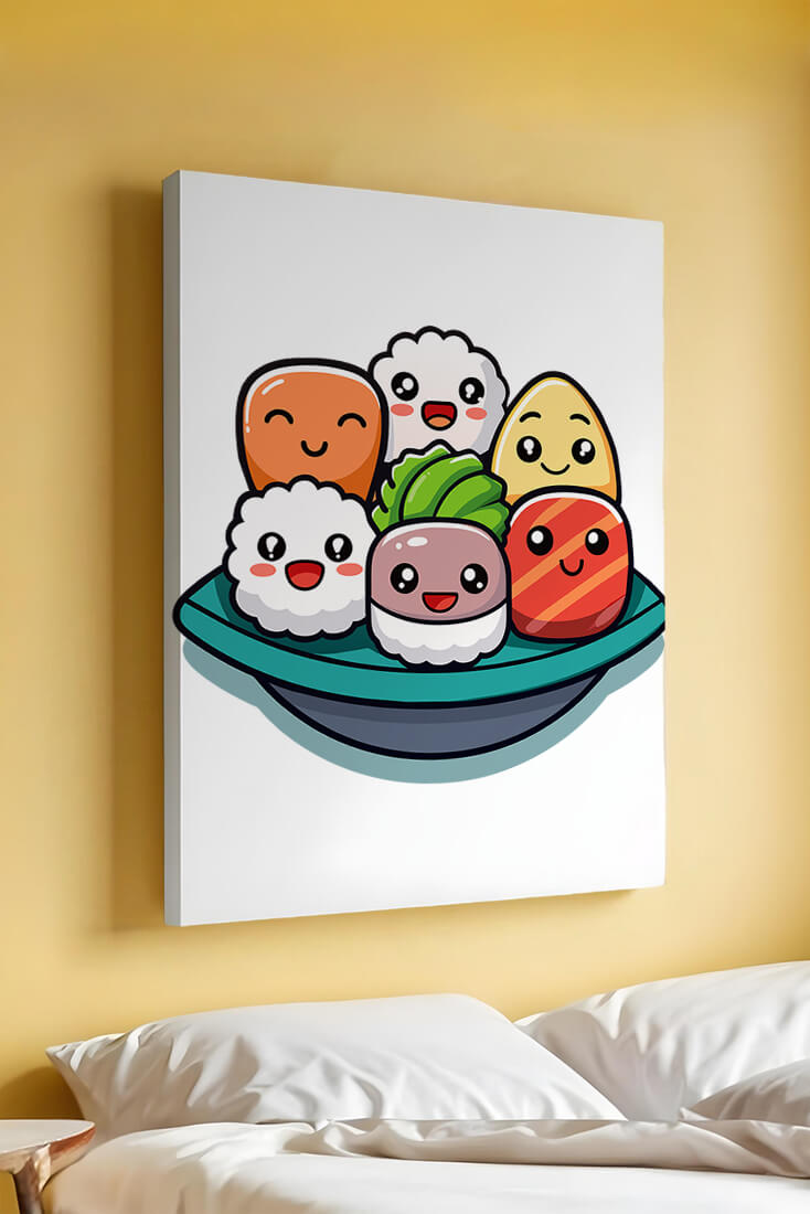 Adorable cartoon sushi characters in a bowl illustration