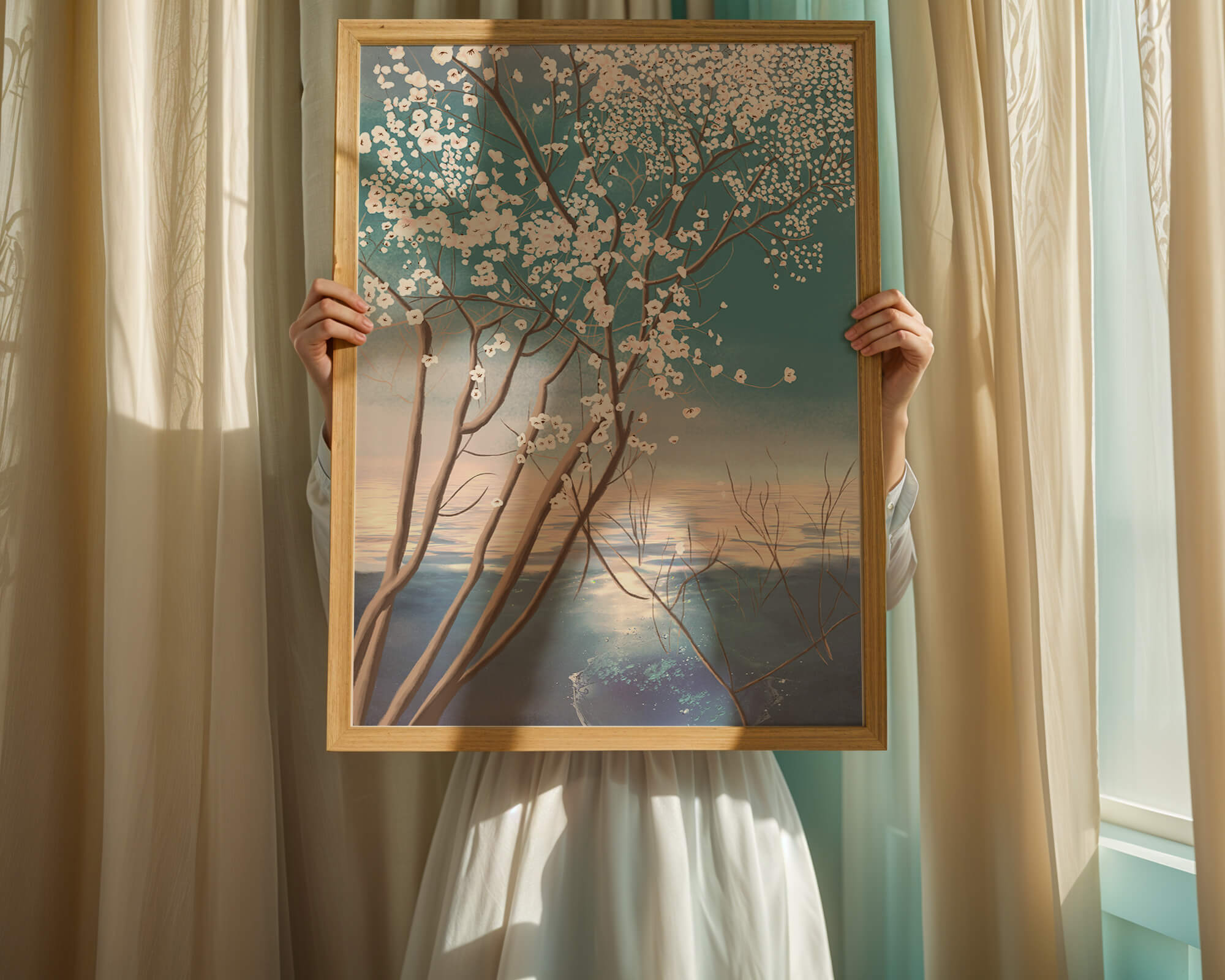 Serene landscape with blossoming tree over calm water reflection