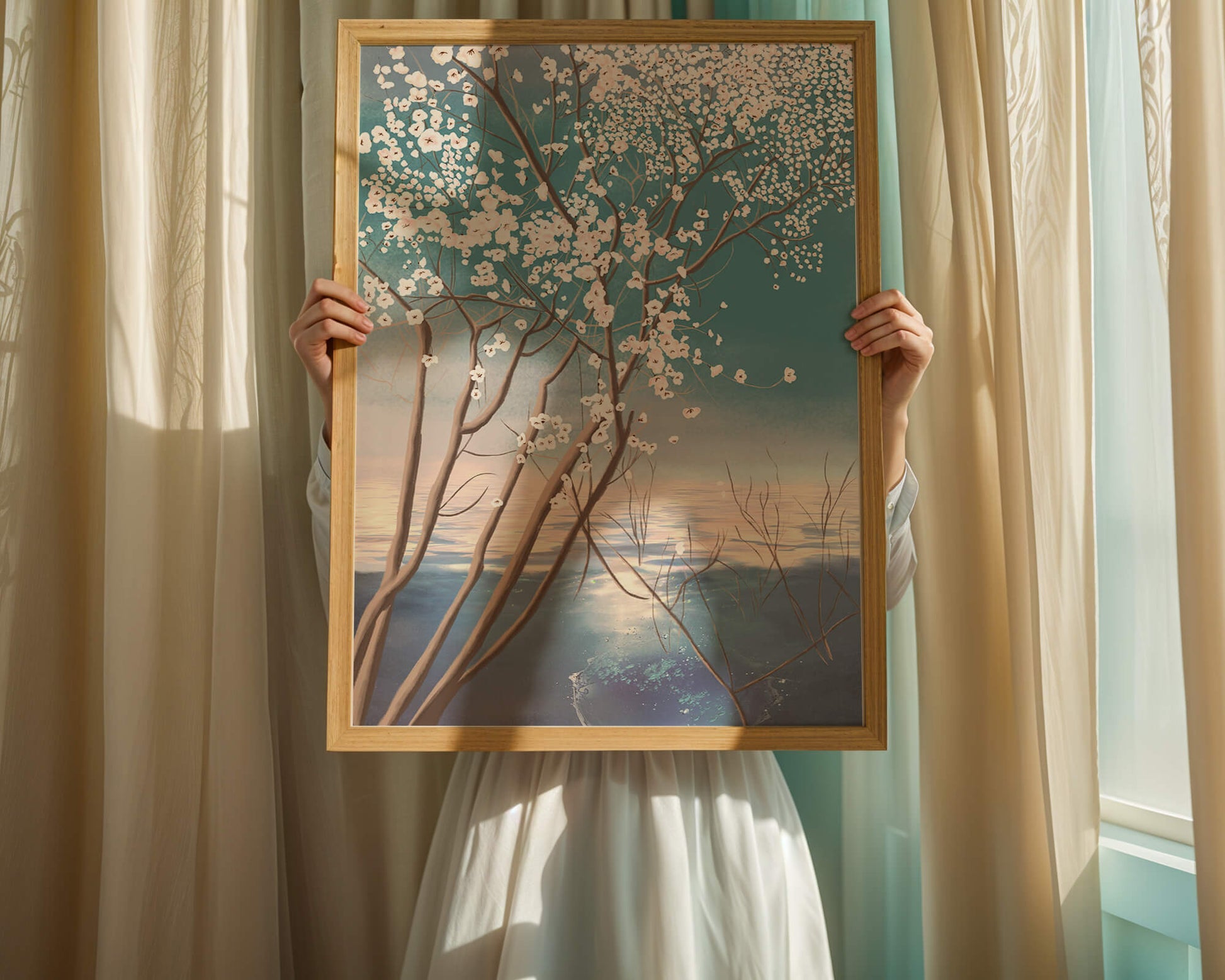 Serene landscape with blossoming tree over calm water reflection