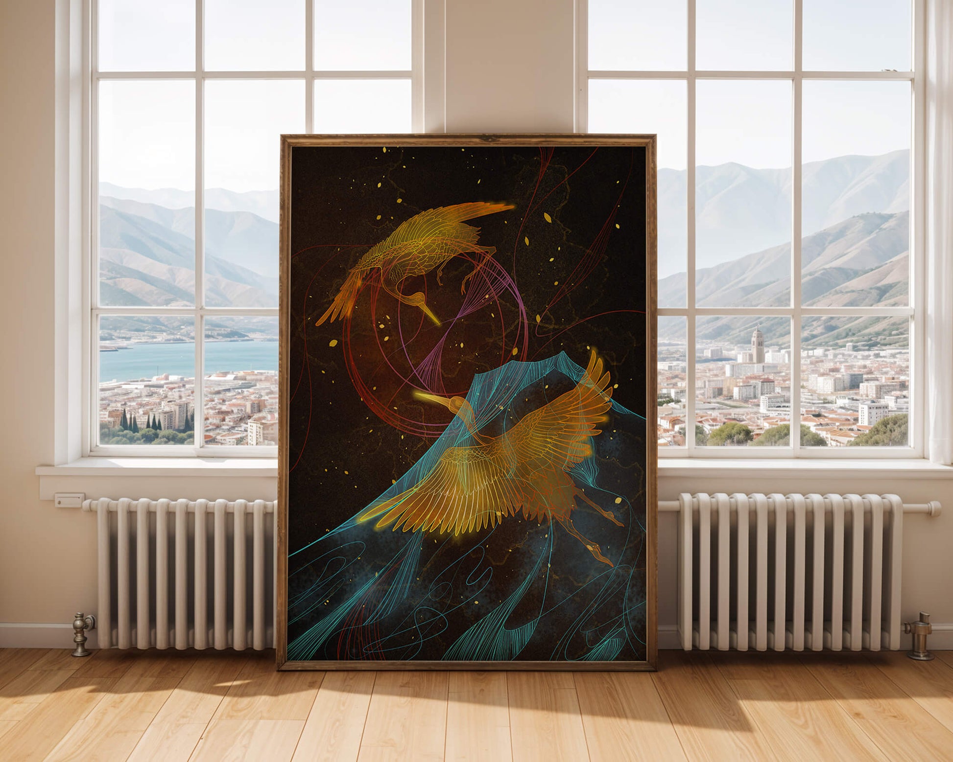 Elegant Cranes in Cosmic Dance with Golden and Blue Accents