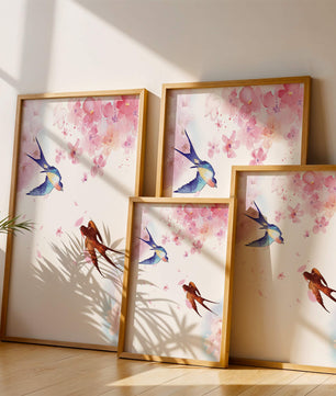 Pájaros coloridos y flores rosadas en una escena primaveral acuarelada