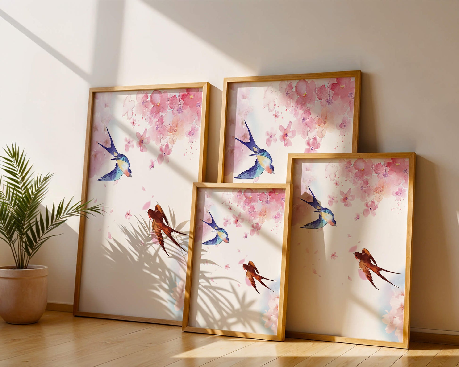 Pájaros coloridos y flores rosas en una escena primaveral de acuarela