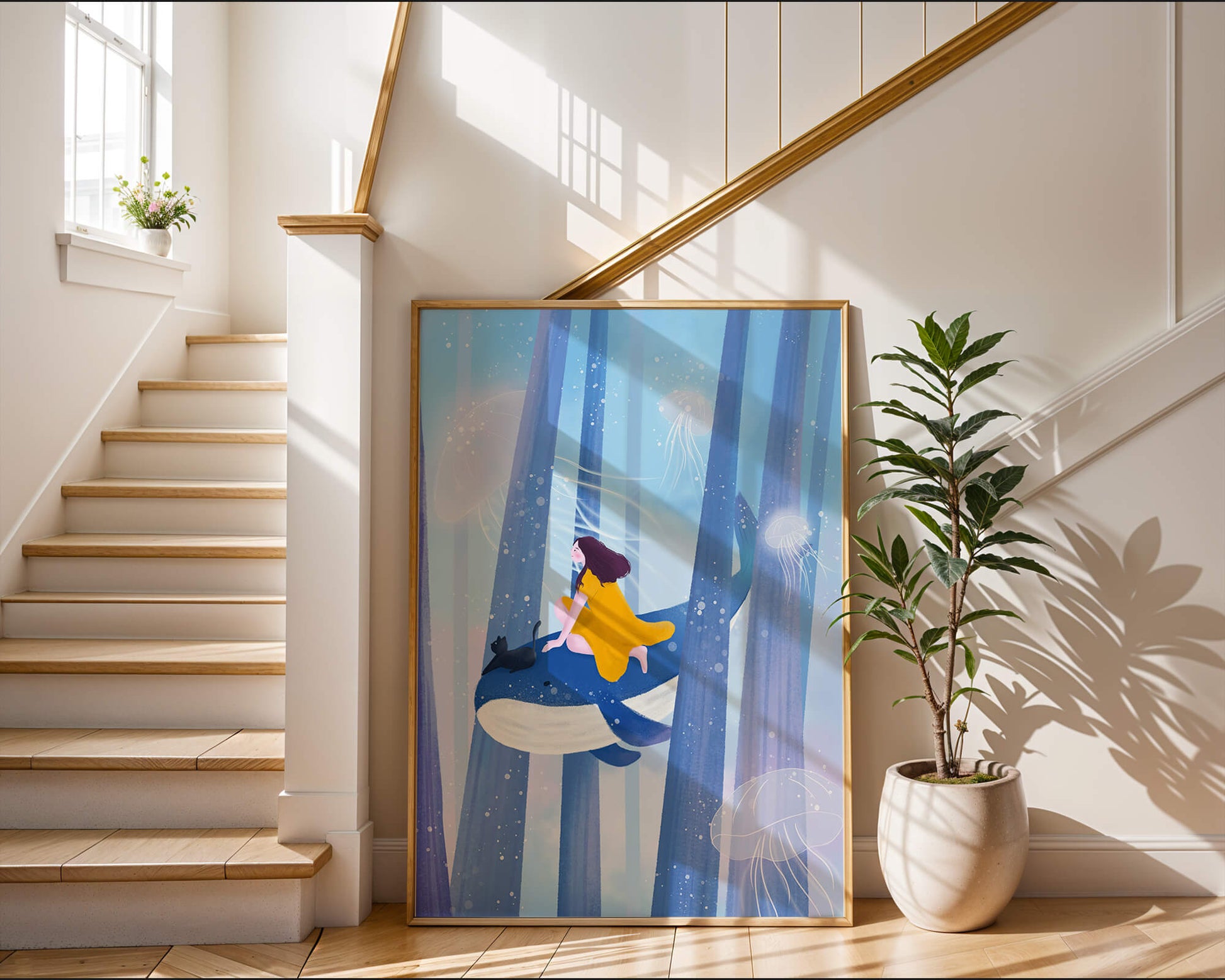 Dreamlike scene with girl, cat, and whale in an ethereal ocean