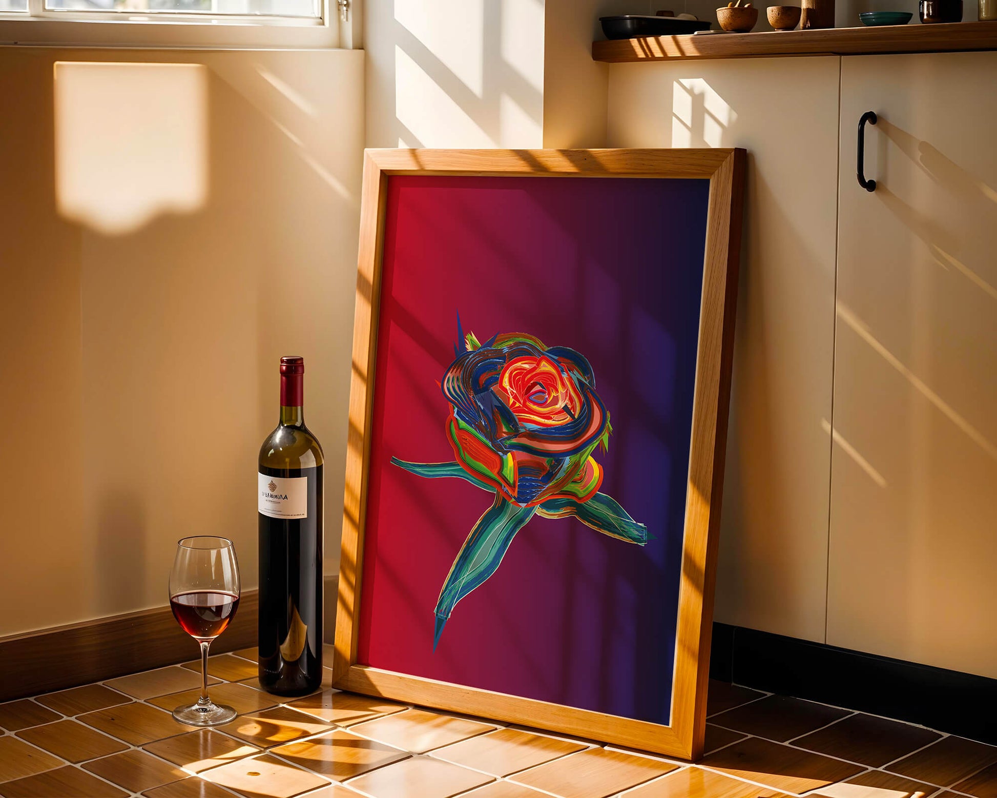 Rosa abstracta vibrante con colores dinámicos sobre fondo degradado