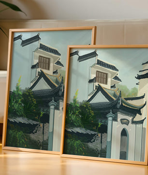 Traditional Asian architecture with lush greenery