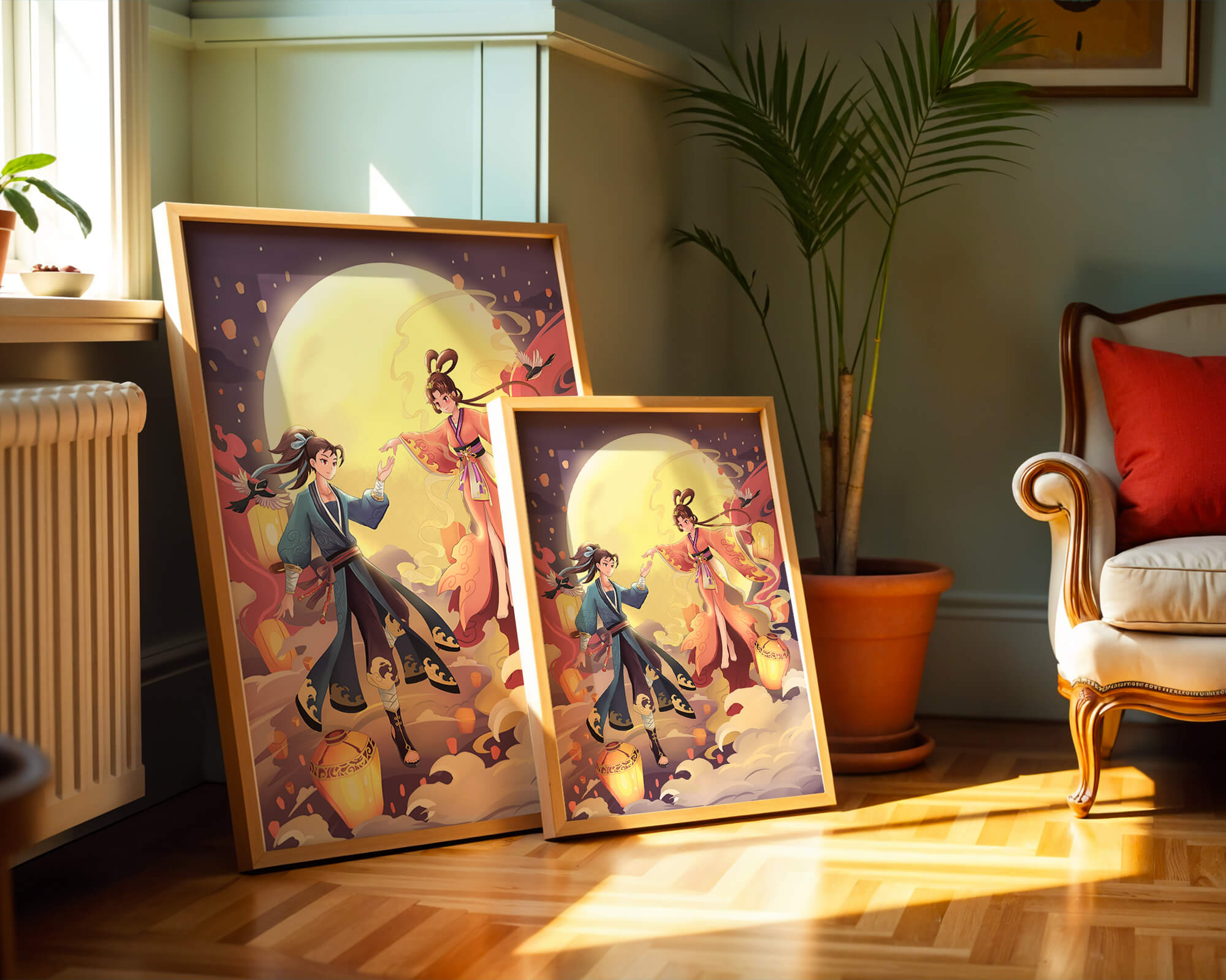 Elegant moonlit fantasy scene with traditional attire