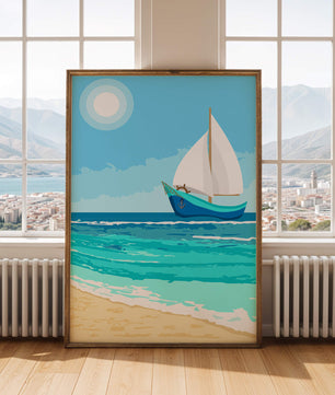 Ruhige Meereslandschaft mit Segelboot unter der Sonne