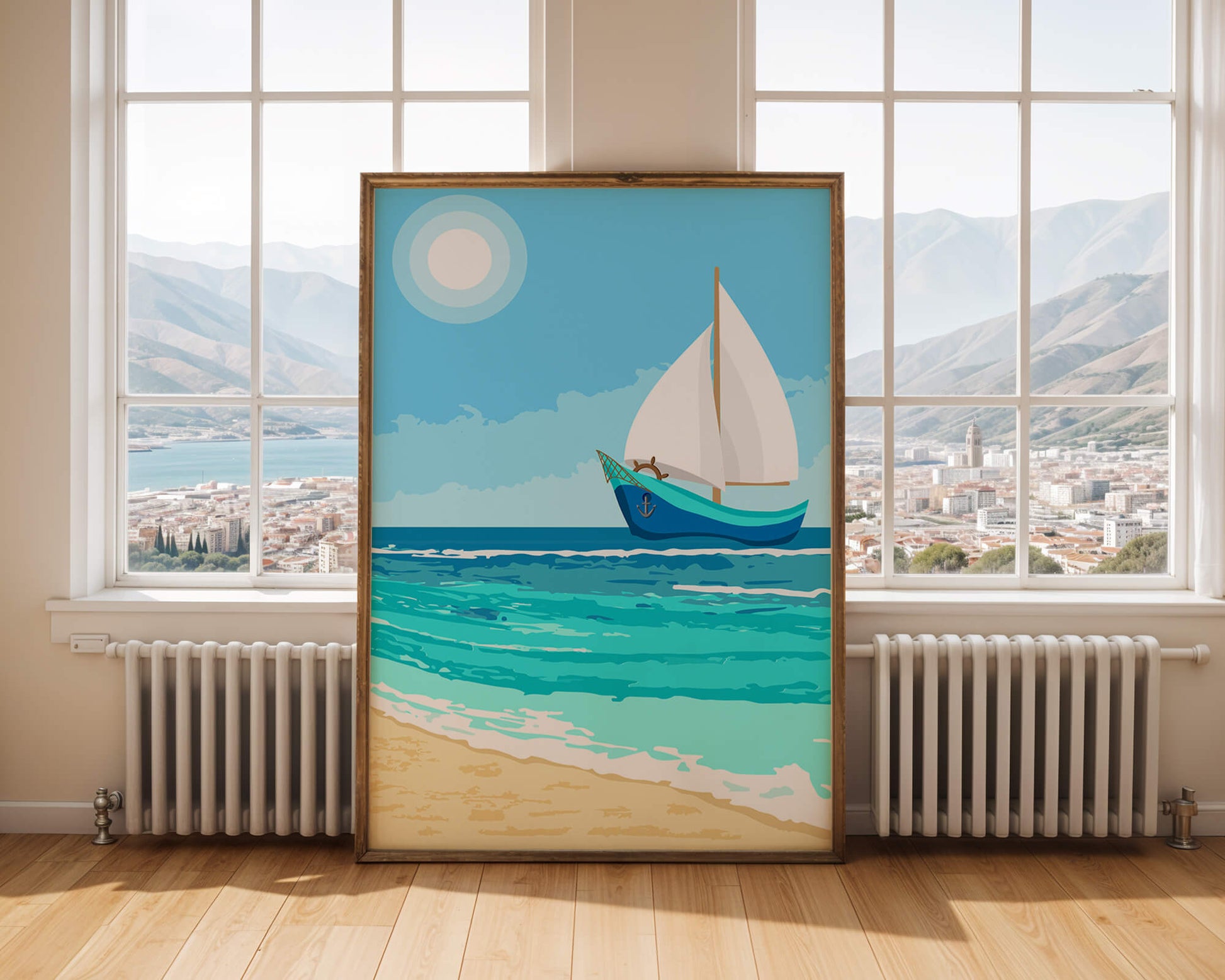 Serene ocean scenery with sailboat under the sun