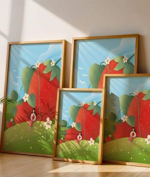 Paysage serein avec d'énormes fraises et une femme dans une prairie en fleurs