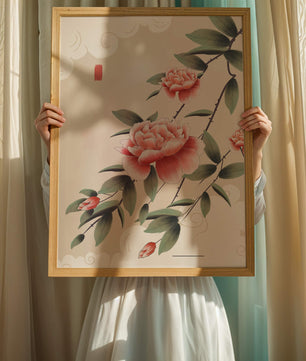 Oriental floral illustration with pink peonies and calligraphy
