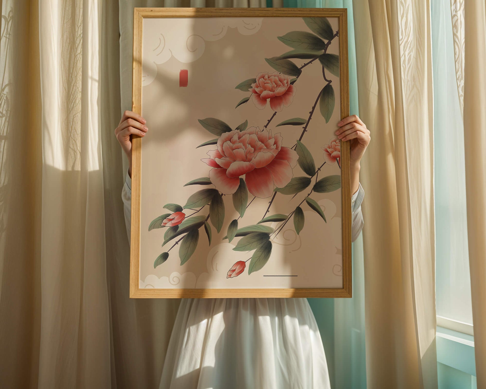 Oriental floral illustration with pink peonies and calligraphy