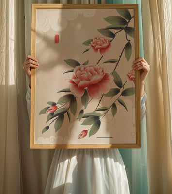 Oriental floral illustration with pink peonies and calligraphy
