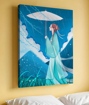 Porträt einer Frau mit Regenschirm in einer verregneten Berglandschaft