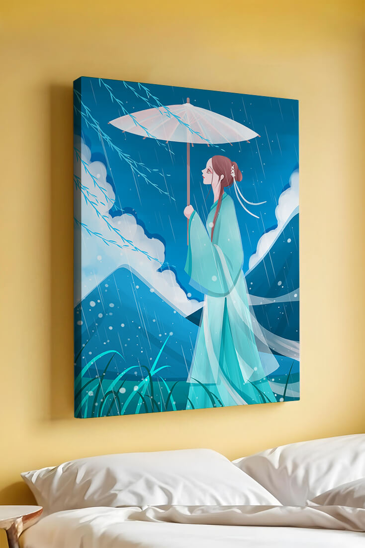 Porträt einer Frau mit Regenschirm in einer verregneten Berglandschaft