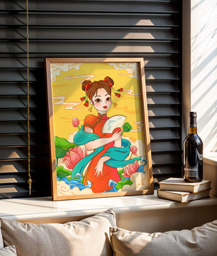 Ilustración oriental que presenta a una chica con atuendo tradicional, un abanico y flores de loto