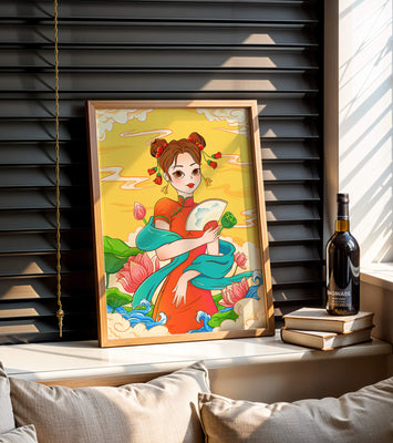 Oriental illustration featuring a girl in traditional attire with a fan and lotus flowers