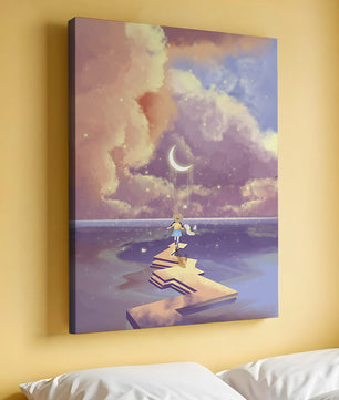 Whimsical journey on a dreamlike path beneath colorful clouds
