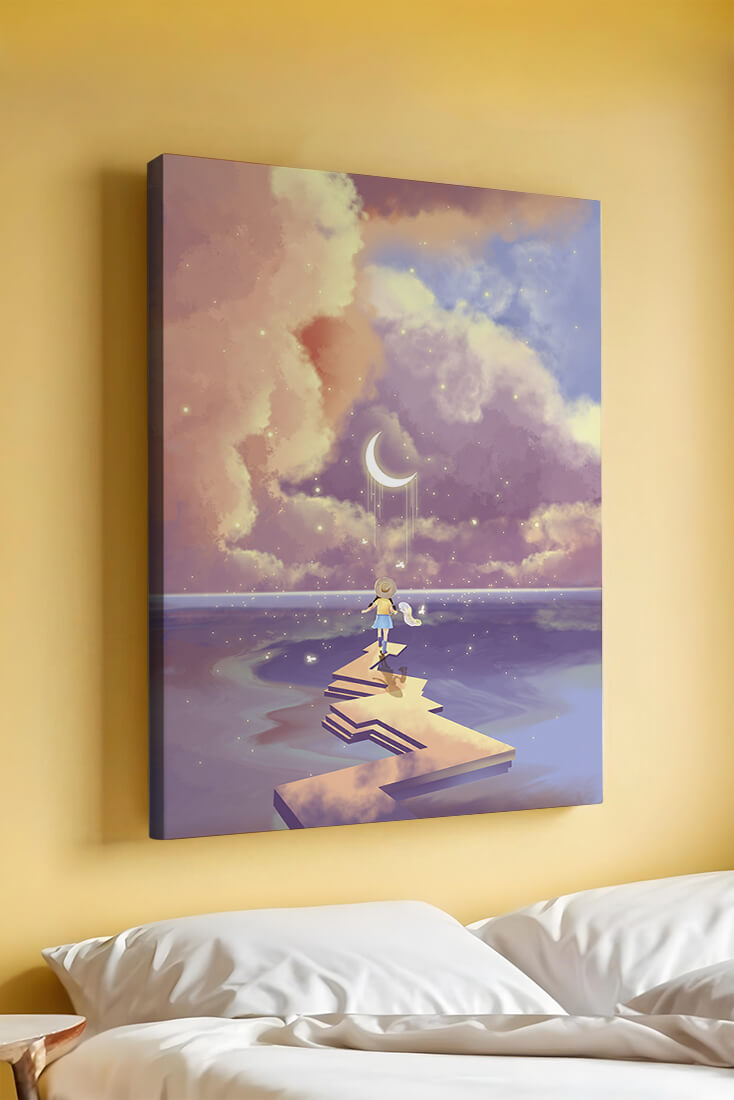 Whimsical journey on a dreamlike path beneath colorful clouds