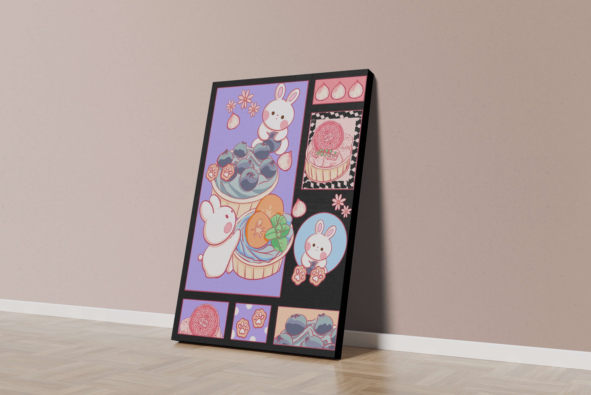 Conejos de dibujos animados encantadores con postres y arándanos