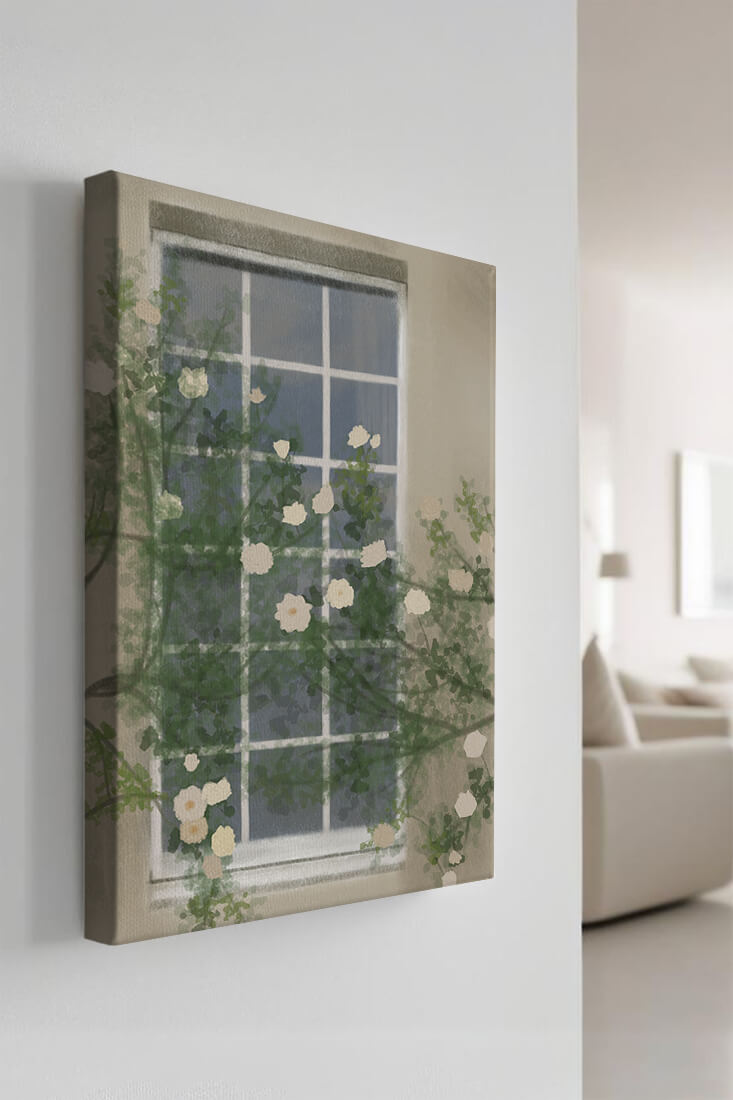 Floral Window with Climbing Roses in a Tranquil Setting
