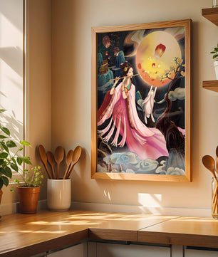 Traditional Asian Art with Flute Player and Moon Rabbit
