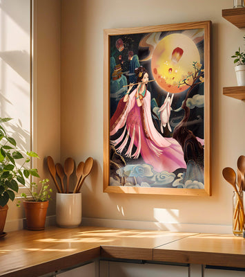 Traditional Asian Art with Flute Player and Moon Rabbit