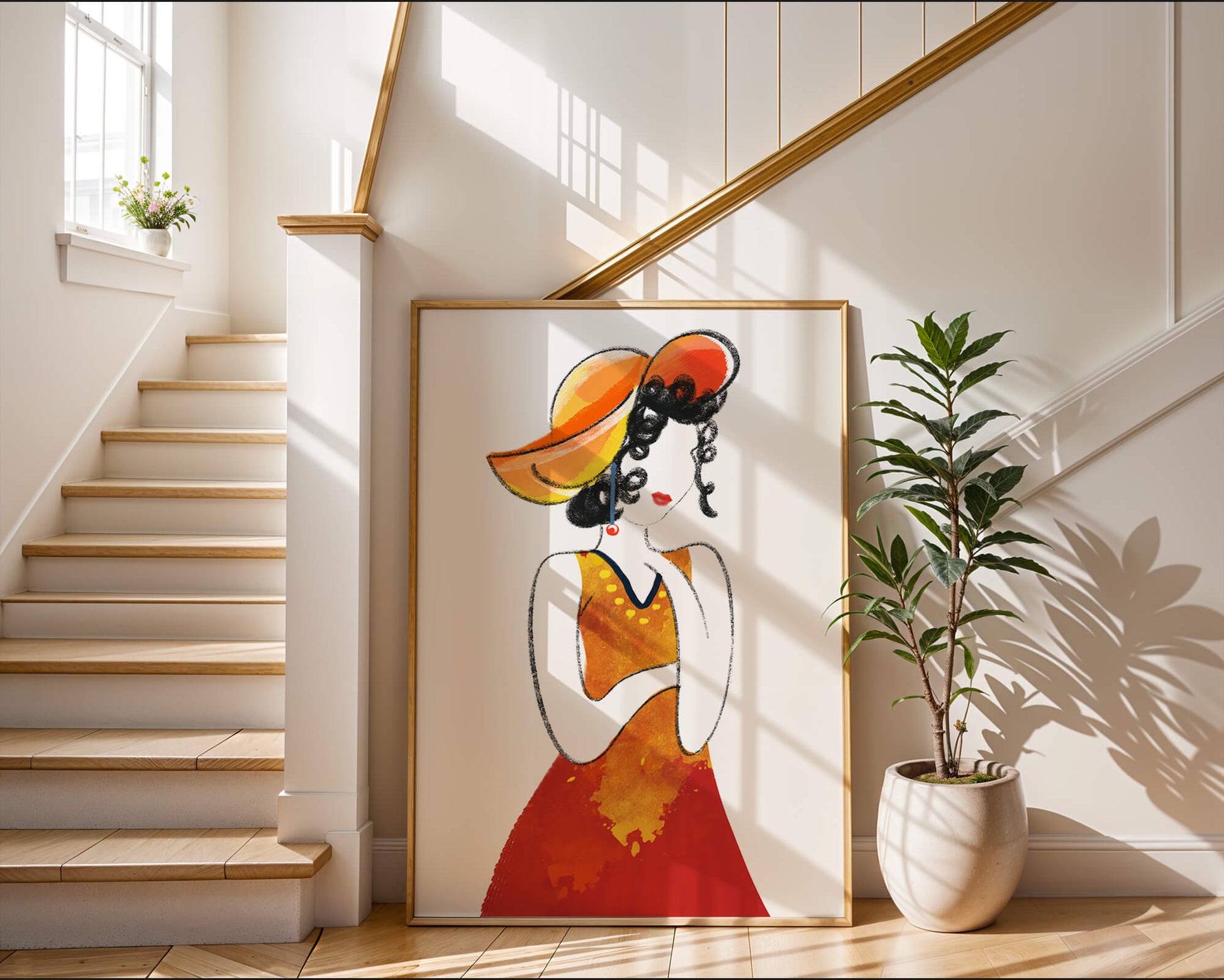 Elegant woman in a vibrant hat and dress illustration