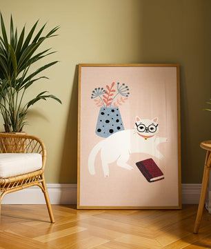 Illustration of playful cat with book and floral vase