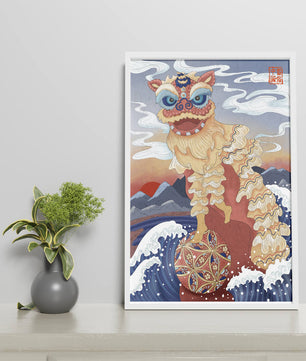 Traditionelle chinesische Löwentanzkunst mit malerischem Hintergrund