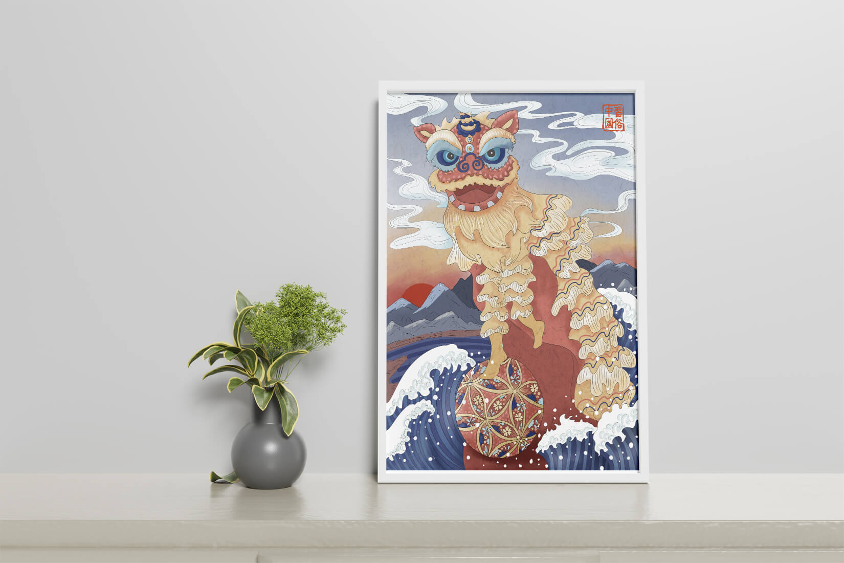 Traditionelle chinesische Löwentanzkunst mit malerischem Hintergrund