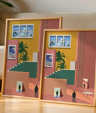 Surreale Architekturlandschaft mit tropischen Elementen und abstrakten Figuren