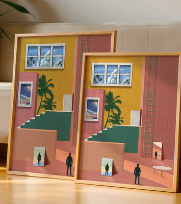 Surreal architectural landscape with tropical elements and abstract figures