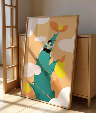 Man Climbing Giant Beanstalk Reaching to Sun in Minimalist Style - Mi tienda