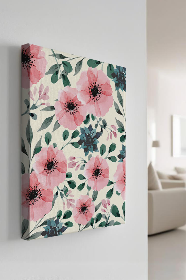 Floral Watercolor Pattern with Pink Flowers and Green Leaves