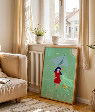 Illustration d'une fille avec un cerf-volant dans un paysage fantaisiste