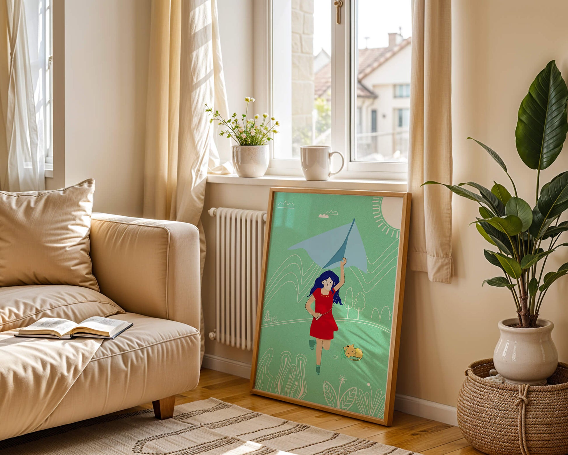 Illustration of a girl with a kite in a whimsical landscape
