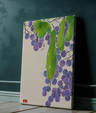 Ilustración de uvas y pepino con colores vibrantes y hojas