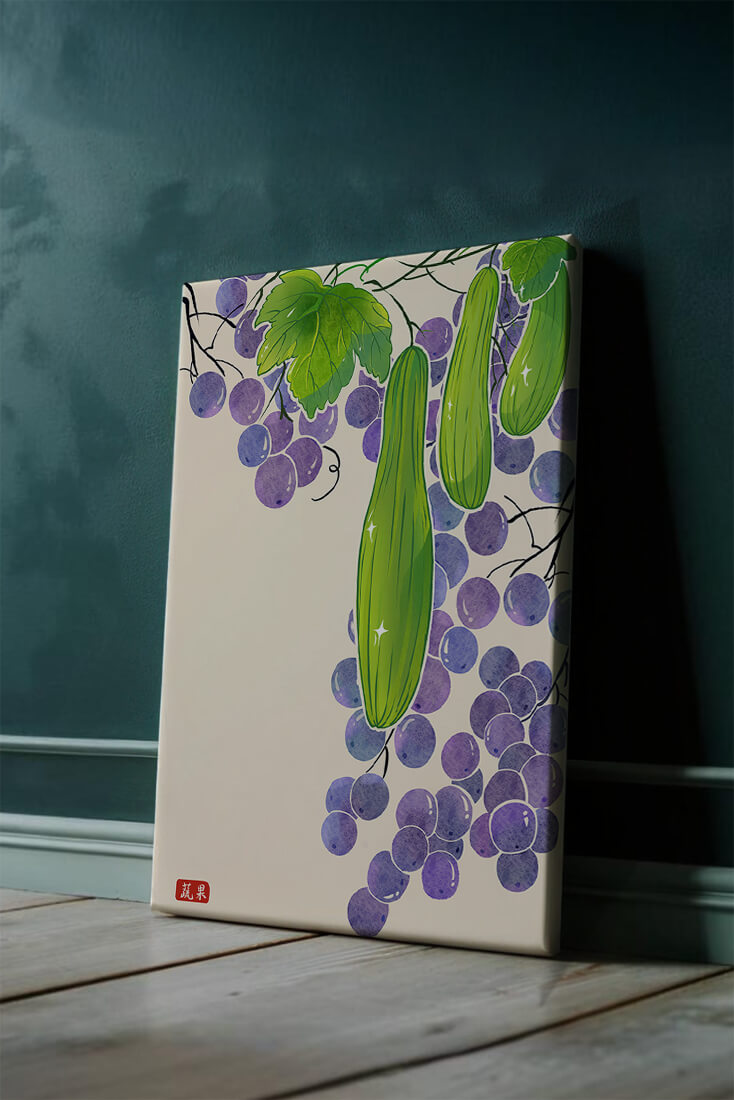 Ilustración de uvas y pepino con colores vibrantes y hojas