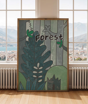 Illustrated forest scene with foliage and text