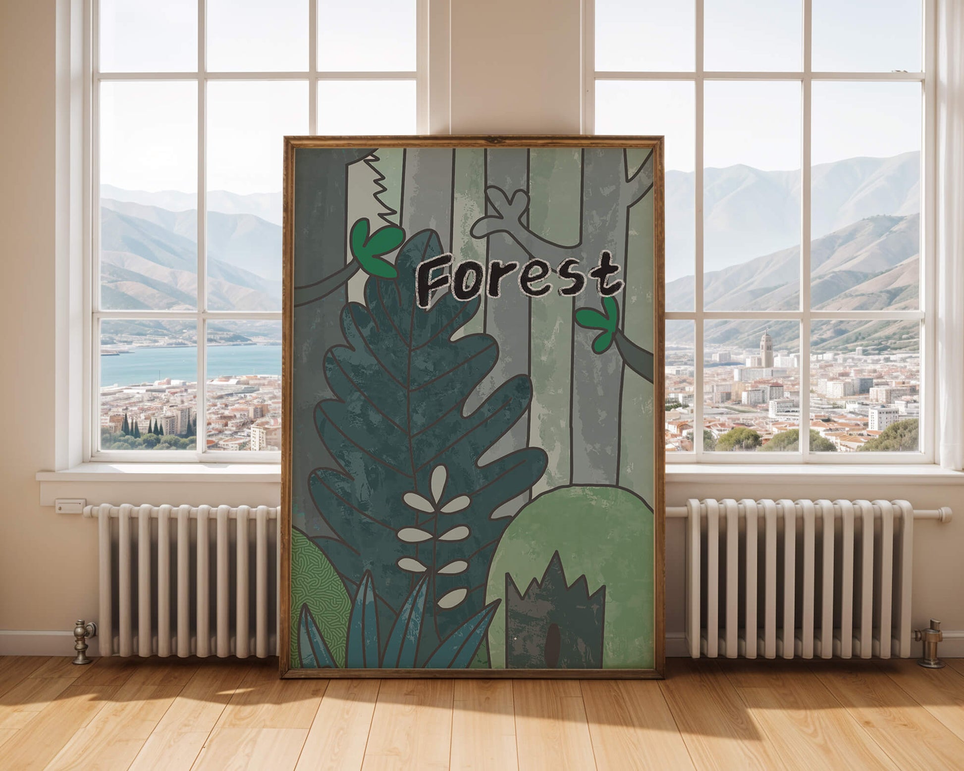 Illustrated forest scene with foliage and text
