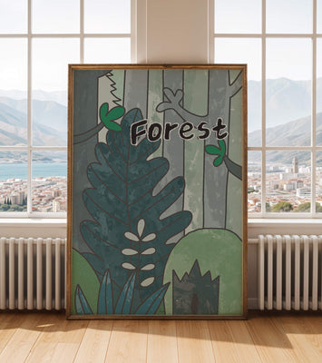 Illustrated forest scene with foliage and text