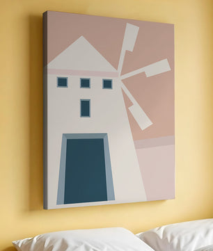 Minimalist geometric house illustration on pastel background