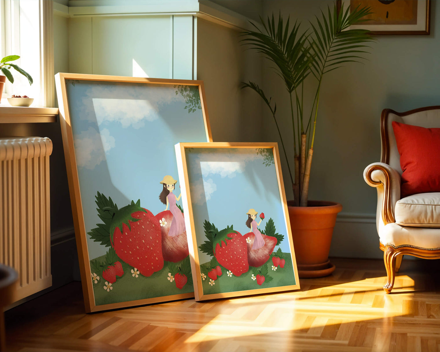 Charming illustration of a girl in a strawberry field