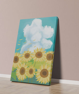 Sonnenblumen in einer hellen Wiese mit blauem Himmel und Wolken