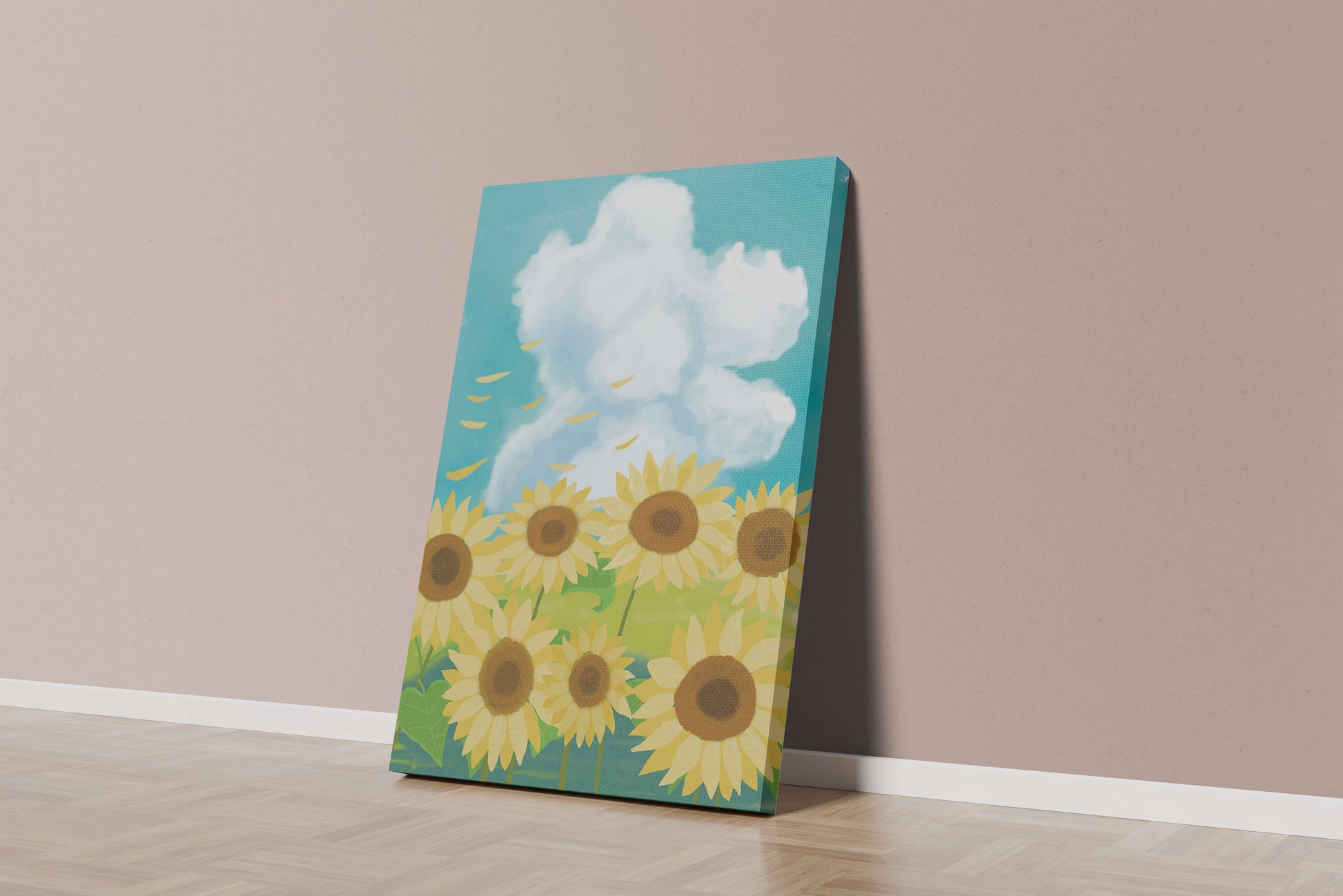 Girasoles en un prado brillante con cielo azul y nubes